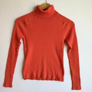 Coral Orange Ribbed Cotton Turtleneck Sweater Medium Lightweight Spring Layer